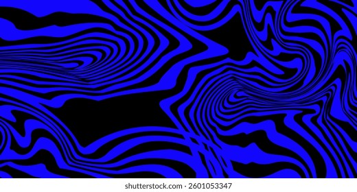 Blue wavy lines abstract background. Trendy psychedelic retro style backdrop. Waves, swirl and twirl pattern. Twisted distorted vector texture. Y2k aesthetic design