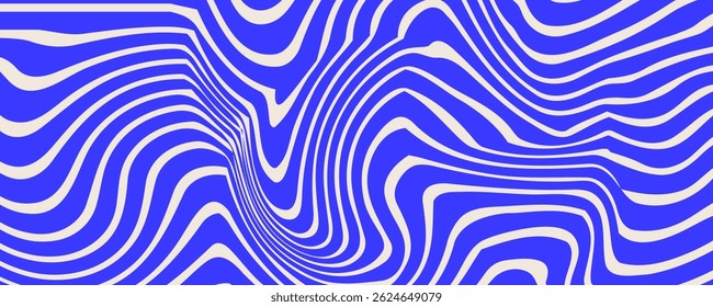 Blue wavy lines abstract background. Trendy psychedelic retro style backdrop. Waves, swirl and twirl pattern. Twisted distorted vector texture. 