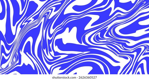 Blue wavy lines abstract background. Trendy psychedelic retro style backdrop. Waves, swirl and twirl pattern. Twisted distorted vector texture. Y2k aesthetic design