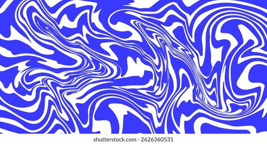 Blue wavy lines abstract background. Trendy psychedelic retro style backdrop. Waves, swirl and twirl pattern. Twisted distorted vector texture. Y2k aesthetic design