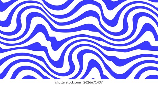 Blue wavy lines abstract background. Trendy psychedelic retro style backdrop. Waves, swirl and twirl pattern. Twisted distorted vector texture. Y2k aesthetic design