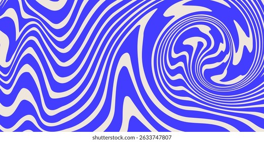 Blue wavy lines abstract background. Trendy psychedelic retro style backdrop. Waves, swirl and twirl pattern. Twisted distorted vector texture. Y2k aesthetic design