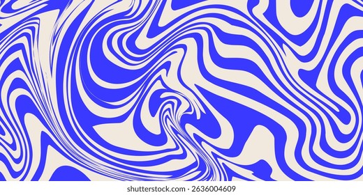 Blue wavy lines abstract background. Trendy psychedelic retro style backdrop. Waves, swirl and twirl pattern. Twisted distorted vector texture. Y2k aesthetic design