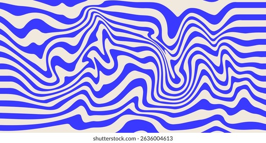 Blue wavy lines abstract background. Trendy psychedelic retro style backdrop. Waves, swirl and twirl pattern. Twisted distorted vector texture. Y2k aesthetic design