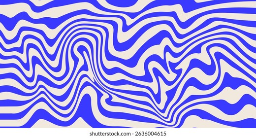 Blue wavy lines abstract background. Trendy psychedelic retro style backdrop. Waves, swirl and twirl pattern. Twisted distorted vector texture. Y2k aesthetic design