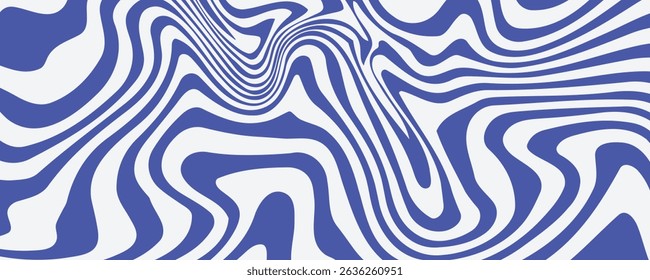 Blue wavy lines abstract background. Trendy psychedelic retro style backdrop. Waves, swirl and twirl pattern. Twisted distorted vector texture.