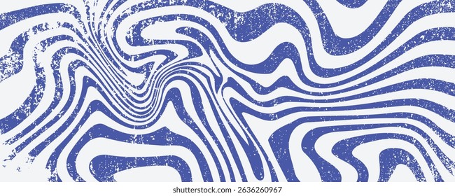 Blue wavy lines abstract background. Trendy psychedelic retro style backdrop. Waves, swirl and twirl pattern. Twisted distorted vector texture.