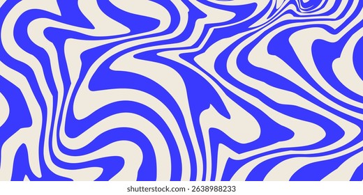 Blue wavy lines abstract background. Trendy psychedelic retro style backdrop. Waves, swirl and twirl pattern. Twisted distorted vector texture. 