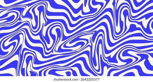 Blue wavy lines abstract background. Trendy psychedelic retro style backdrop. Waves, swirl and twirl pattern. Twisted distorted vector texture. Y2k aesthetic design