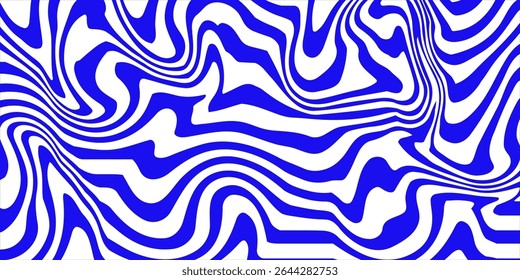 Blue wavy lines abstract background. Trendy psychedelic retro style backdrop. Waves, swirl and twirl pattern. Twisted distorted vector texture. Y2k aesthetic design