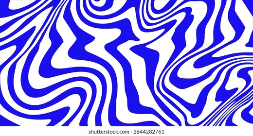 Blue wavy lines abstract background. Trendy psychedelic retro style backdrop. Waves, swirl and twirl pattern. Twisted distorted vector texture. Y2k aesthetic design
