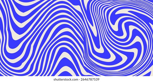 Blue wavy lines abstract background. Trendy psychedelic retro style backdrop. Waves, swirl and twirl pattern. Twisted distorted vector texture.