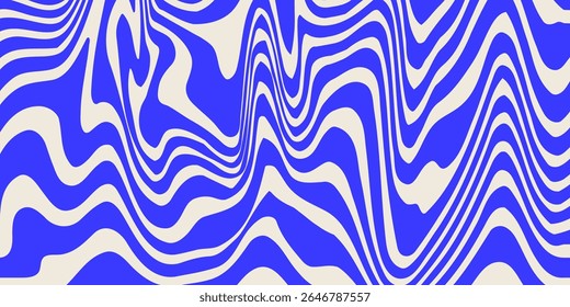 Blue wavy lines abstract background. Trendy psychedelic retro style backdrop. Waves, swirl and twirl pattern. Twisted distorted vector texture.