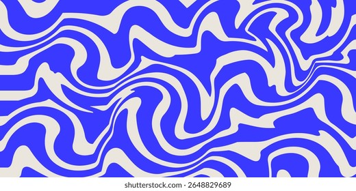 Blue wavy lines abstract background. Trendy psychedelic retro style backdrop. Waves, swirl and twirl pattern. Twisted distorted vector texture. Y2k aesthetic design
