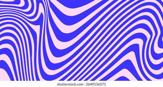 Blaue wellenförmige Linien abstrakter Hintergrund im trendigen Retro Psychedelic Style. Verdrehte, verwirbelte und verzerrte Vektorstrukturmuster