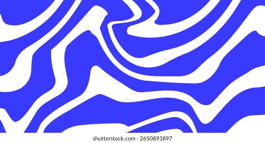 Blue wavy lines abstract background. Trendy psychedelic retro style backdrop. Waves, swirl and twirl pattern. Twisted distorted vector texture. Y2k aesthetic design