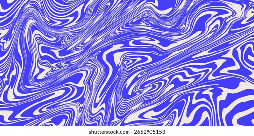 Blue wavy lines abstract background. Trendy psychedelic retro style backdrop. Waves, swirl and twirl pattern. Twisted distorted vector texture. Y2k aesthetic design