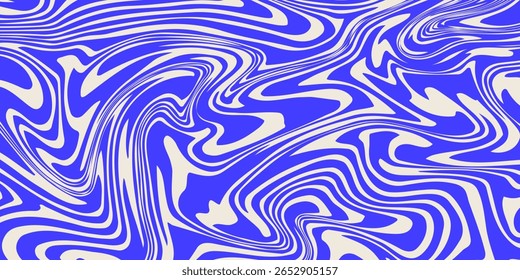 Blue wavy lines abstract background. Trendy psychedelic retro style backdrop. Waves, swirl and twirl pattern. Twisted distorted vector texture. Y2k aesthetic design