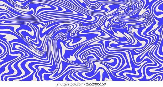 Blue wavy lines abstract background. Trendy psychedelic retro style backdrop. Waves, swirl and twirl pattern. Twisted distorted vector texture. Y2k aesthetic design