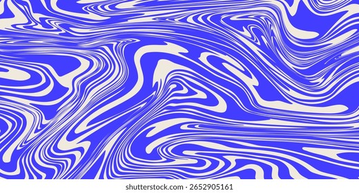 Blue wavy lines abstract background. Trendy psychedelic retro style backdrop. Waves, swirl and twirl pattern. Twisted distorted vector texture. Y2k aesthetic design