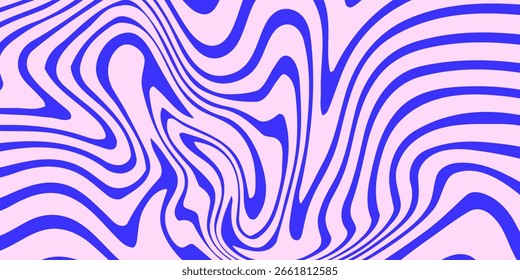 Fondo Abstractas de líneas onduladas azules en estilo psicodélico retro de moda. Patrón de textura de Vector retorcido, remolinado y distorsionado