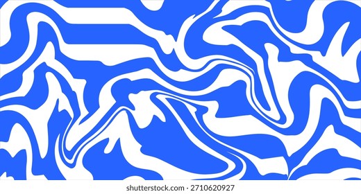Blaue gewellte Linien abstrakter Hintergrund. Trendy psychedelischen Retro-Stil Kulisse. Wellen, Wirbel und Wirbelmuster. Verdrehte, verzerrte Vektortextur. Ästhetisches Y2K-Design