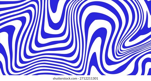 Blue wavy lines abstract background. Trendy psychedelic retro style backdrop. Waves, swirl and twirl pattern. Twisted distorted vector texture. Y2k aesthetic design