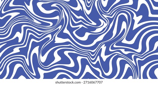 Fondo abstracto de líneas onduladas azules. Fondo de estilo retro psicodélico de moda. Ondas, remolino y patrón de giro. Textura de Vector distorsionada retorcida. Diseño estético Y2k
