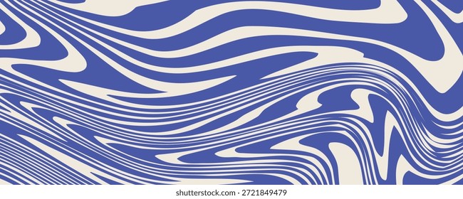 Fondo abstracto de líneas onduladas azules. Fondo de estilo retro psicodélico de moda. Ondas, remolino y patrón de giro. Textura de Vector distorsionada retorcida. Diseño estético Y2k
