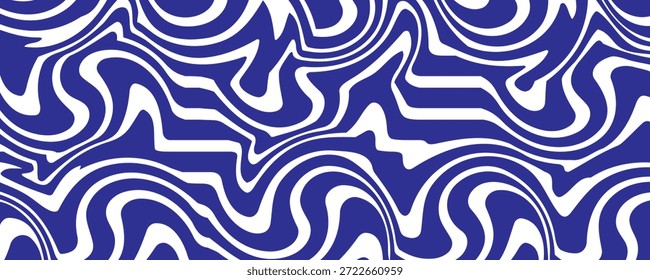 Fundo abstrato de linhas onduladas azuis. Trendy estilo psicodélico retro pano de fundo. Ondas, redemoinho e padrão de redemoinho. Textura vetorial distorcida trançada. Projeto estético Y2k