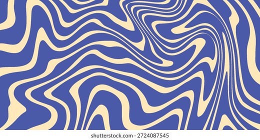Fondo abstracto de líneas onduladas azules. Fondo de estilo retro psicodélico de moda. Ondas, remolino y patrón de giro. Textura de Vector distorsionada retorcida. Diseño estético Y2k