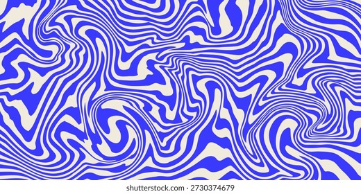 Blaue gewellte Linien abstrakter Hintergrund. Trendy psychedelischen Retro-Stil Kulisse. Wellen, Wirbel und Wirbelmuster. Verdrehte, verzerrte Vektortextur. Ästhetisches Y2K-Design
