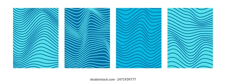 Blue wavy lines abstract backgrounds. Optical modern art. Psychedelic illusion, swirls, waves. Hypnotic surreal covers, posters, cards. Summer vibes. Vector illustration.