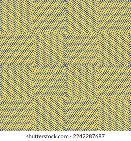 Blue wavy lines form a checkered mosaic pattern on a yellow background. Seamless vector pattern for packaging, surface, fabric design. Blue and yellow conceptual idea - with Ukraine.