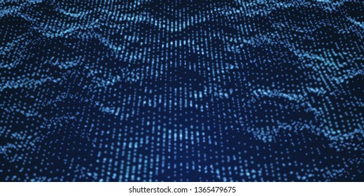 Superficie de puntos de partículas onduladas azules sobre fondo negro. Pancarta abstracta de tecnología o ciencia. Fondo del ciberespacio. Partículas con efecto DOF. Ilustración del vector EPS10.