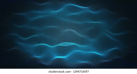 Superficie de partícula ondulada azul sobre fondo negro. Pancarta abstracta de tecnología o ciencia. Fondo del ciberespacio. Partículas con efecto DOF. Ilustración del vector EPS10.