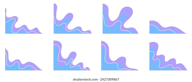 Blue wavy shapes for corner decoration. Abstract curve fluid elements for frame isolated on white background. Vector blobs set.