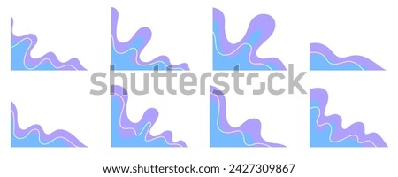 Blue wavy shapes for corner decoration. Abstract curve fluid elements for frame isolated on white background. Vector blobs set.