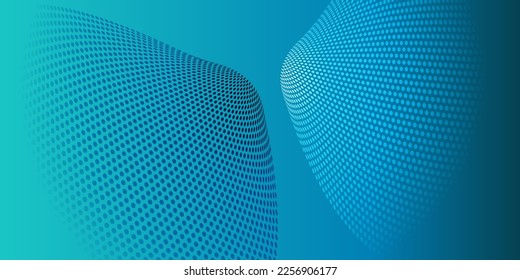 Blue Wavy Spotted Pattern, 3D Round Lit Surfaces - Futuristic Minimalist Background with Light and Dotted Texture - Vector Illustration