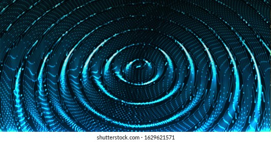 Blue wavy surface of glowing particles. Light effect dots  connect to wave bacground. 3d liquid object, Flow of dots from the center. Water simulation concept.