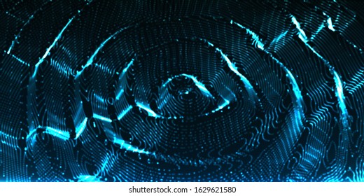 Blue wavy surface of glowing particles. Light effect dots  connect to wave bacground. 3d liquid object, Flow of dots from the center. Water simulation concept.