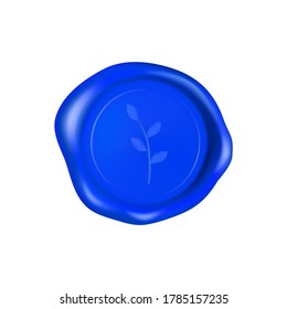 Blue wax seal with branch. Wax seal stamp isolated on white background. Realistic guaranteed blue stamp. Realistic 3d vector illustration