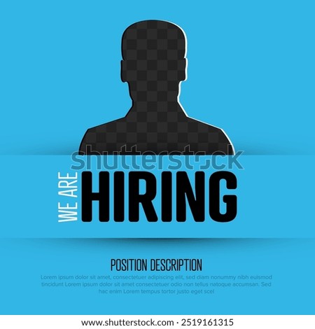 Blue we are hiring flyer banner status template with transparent person silhouette. Minimalistic hiring poster social media status template