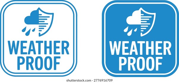 Blue weather proof icon set with shield and storm cloud symbol isolated on white background