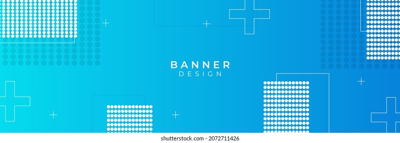 Blue web banner with geometric background. Horizontal promotion banners with blue tech gradient colors and abstract geometric backdrop. Header design. Vibrant coupon template.