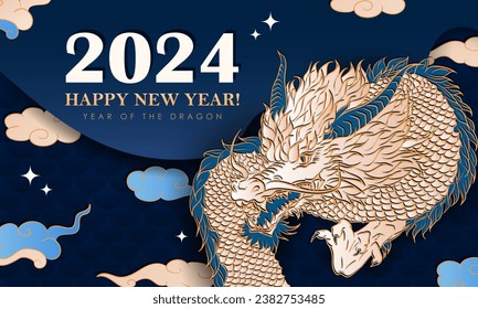 Blue web banner with hand drawn paper cut clouds, stars and golden Chinese dragon zodiac sign  for 2024 New Year. Craft greeting card in asian style. Christmas layered poster for Year of the dragon