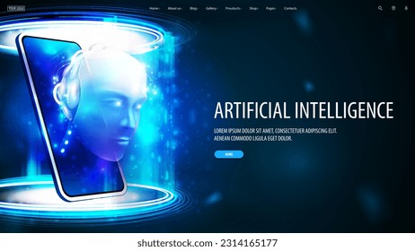 Blue web banner with smartphone inside blue portal with hologram of robot head of artificial intelligence. Virtual assistant. Communication with ai bot via mobile phone, 3d illustration.