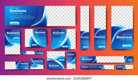 Blaues Webbanner-Template, Vektordesign. Werbebanner-Set-Paket mit Platz für Bilder.