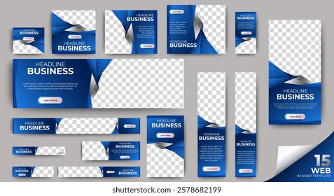 Blue web banner template vector design. Ads banner set bundle with space for images.