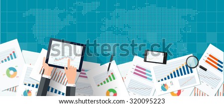 Blue web banner with world map, mobile devices, business charts and reports. Vector business investment and finance concept, business planning.